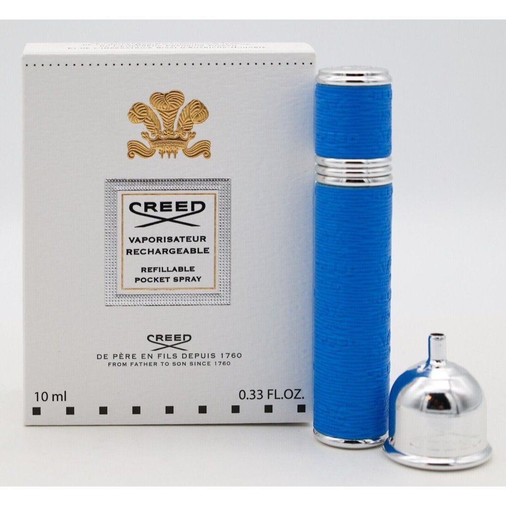 NEW Creed Leather Atomizer Silver/Blue Neon 10ml 0.33oz Pocket Spray w/ Funnel